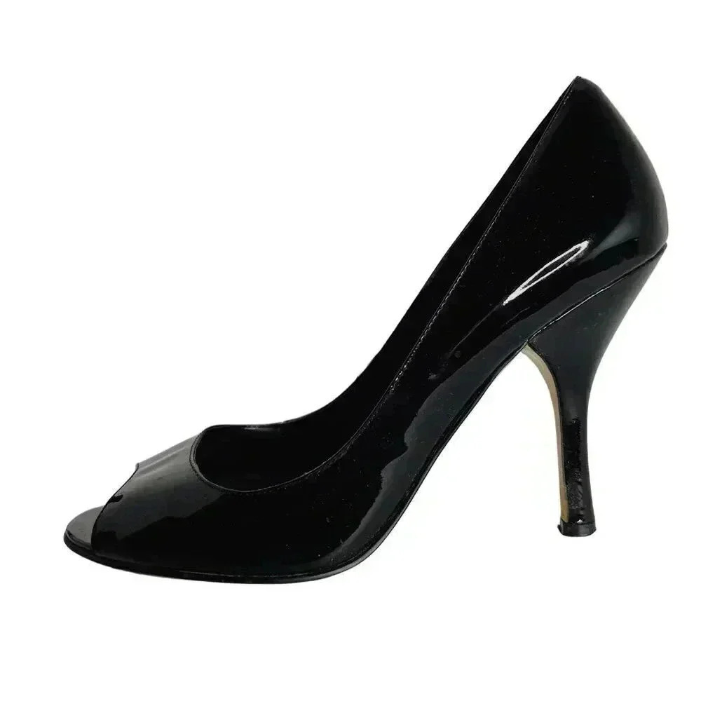Enzo Angiolini Black Patent Leather Peep Toe Pumps Heels Stilettos Size 8.5